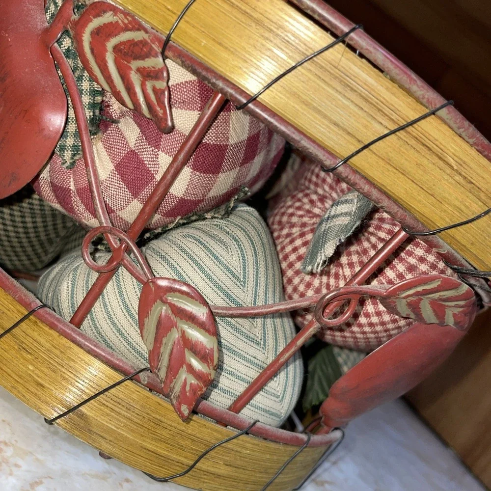 Wood And Metal Basket 🧺 of Homespun Fabric Apples Autumn Fall‎
